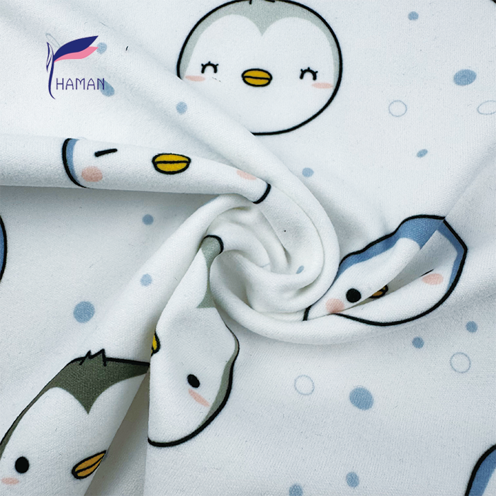 Wholesale 260gsm 92% P 8% SP Knit Polyester Print Fabric White Base with Cartoon Penguin Pattern for Girls' Apparel Home Decor - Image 2