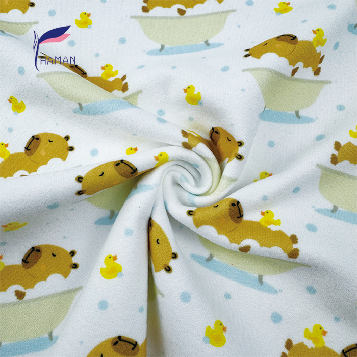 Wholesale Comfortable Low Price 260gsm 92%P 8%Spandex Knit Print - White Capybara Cartoon for Kids Pajamas & Home Decor - Image 3