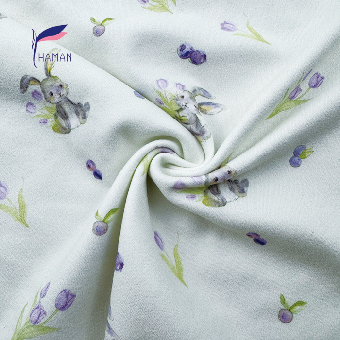 Wholesale Comfortable Low Price 260gsm 92%P 8%Spandex Knit Print - White Bunny & Floral Cartoon for Kids Pajamas and House - Image 2