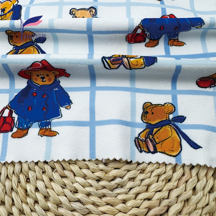 Comfortable Low Price Wholesale 260gsm 92%P 8%Spandex Knit Print - Colorful Bear & Check Pattern for Kids Pajamas & Home Decor - Image 3