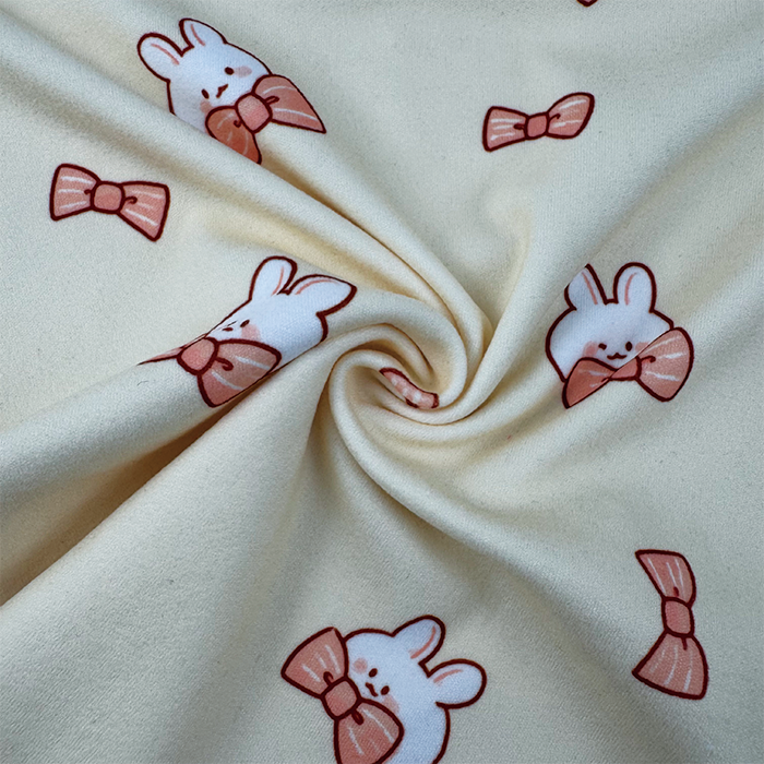 Wholesale Comfortable Low Price 260gsm 92%P 8%Spandex Knit Print - White Rabbits and Bows Cartoon for Kids Pajamas & Home Decor - Image 2