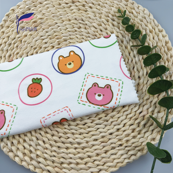 Low Price Wholesale 260gsm 92%P 8%Sp Knit Polyester Print - White Cartoon Bear & Fruit Pattern for Kids Apparel & Home Decor - Image 6