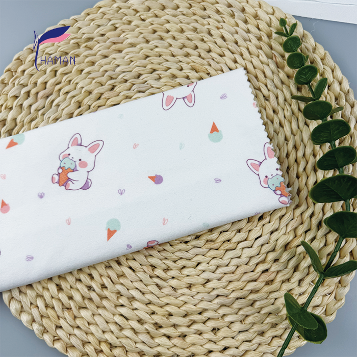 Wholesale Comfortable Low Price 260gsm 92%P 8%Sp Knit Print - White Rabbits & Ice Cream Cartoon for Kids Pajamas & Home Decor - Image 6