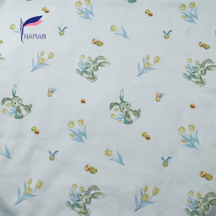 Wholesale Comfortable Low Price 260gsm 92%P 8%Spandex Knit Print - White Bunny & Floral Cartoon for Kids Pajamas and House - Image 6