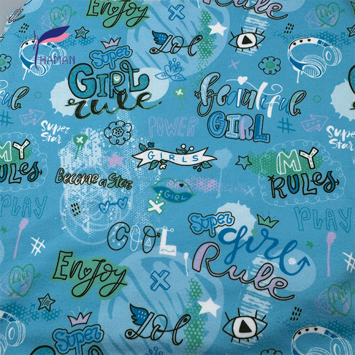 Wholesale Custom Color 260gsm 92%P 8%Spandex Knit Polyester Print Fabric - Word Pattern for Kids Apparel & Home Decor, Low Price - Image 3