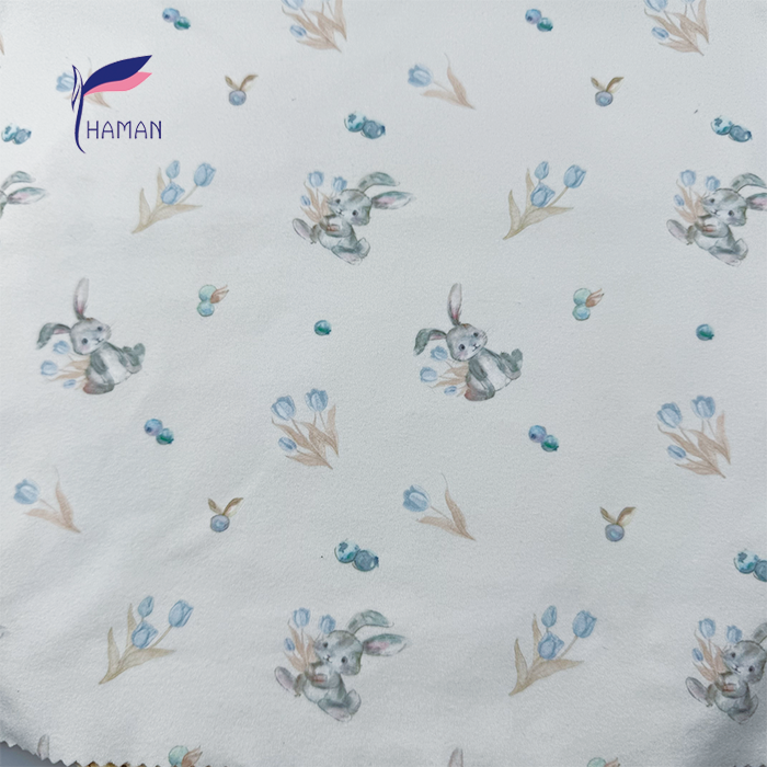 Wholesale Comfortable Low Price 260gsm 92%P 8%Spandex Knit Print - White Bunny & Floral Cartoon for Kids Pajamas and House - Image 7