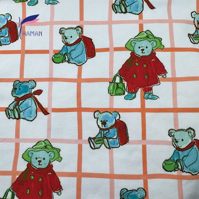 Comfortable Low Price Wholesale 260gsm 92%P 8%Spandex Knit Print - Colorful Bear & Check Pattern for Kids Pajamas & Home Decor - Image 6