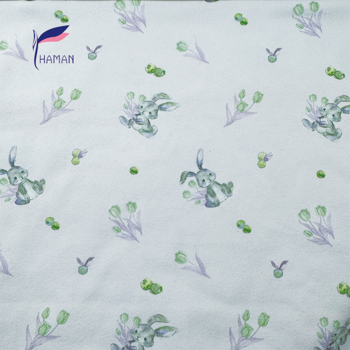 Wholesale Comfortable Low Price 260gsm 92%P 8%Spandex Knit Print - White Bunny & Floral Cartoon for Kids Pajamas and House - Image 8