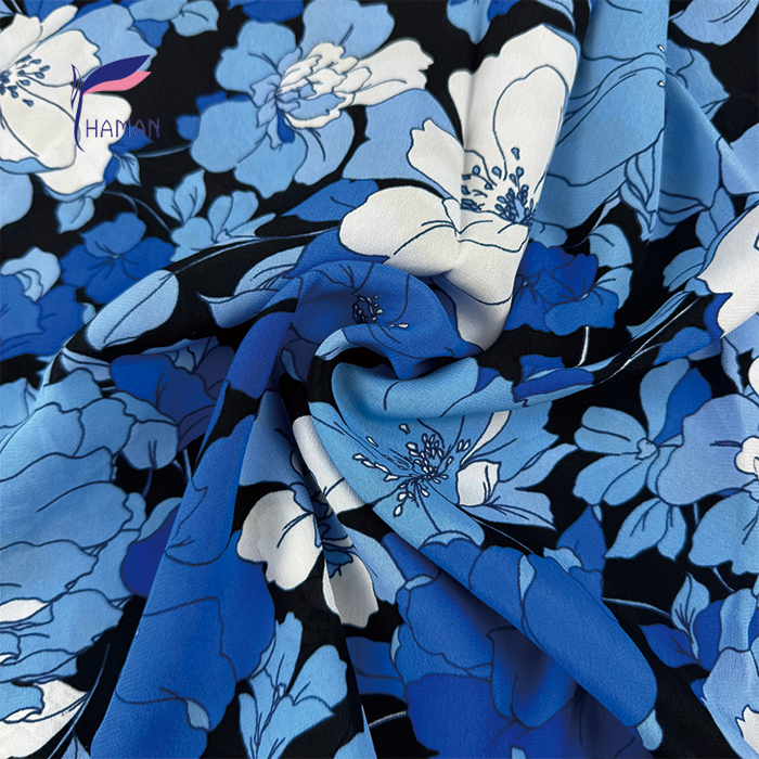 100% Rayon Crepe De Chine - Navy Blue Bold Floral Blooms Print, 85gsm Ultra-Lightweight & Fluid Drape Fabric for Elegant Apparel - Image 2