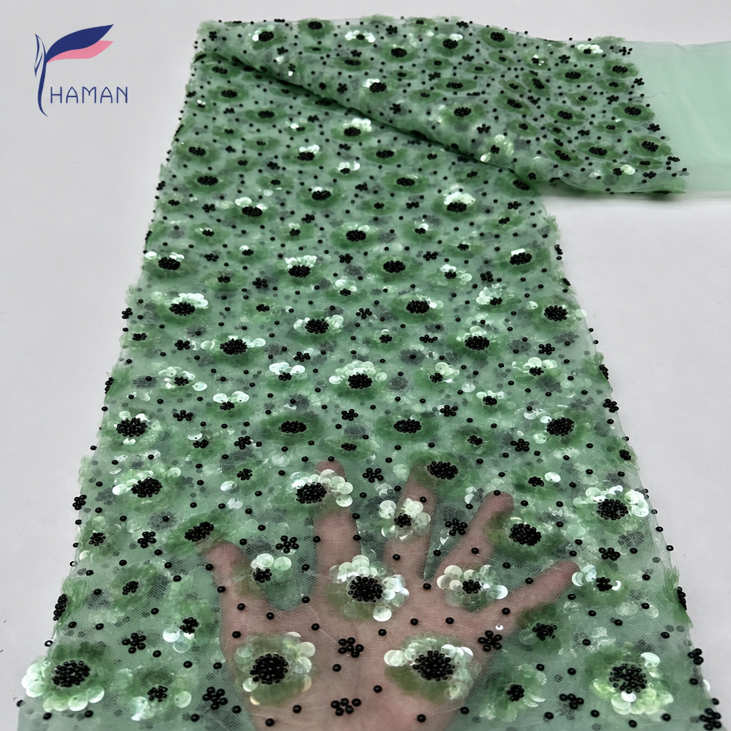 100% Acrylic Floral Double-bead Embroidery + 79mm Sequin Applique; Abrasion-resistant Beaded Fabric - Image 3