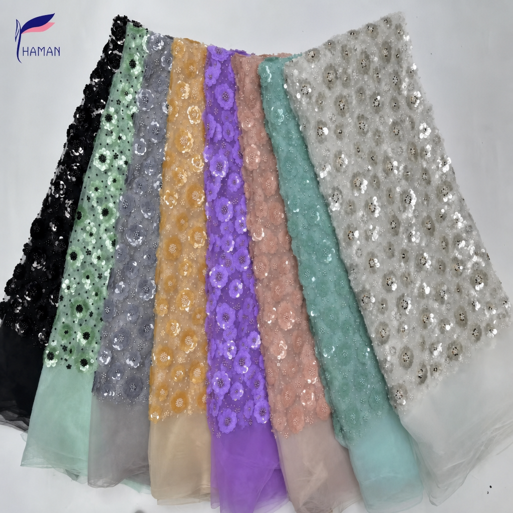 100% Acrylic Floral Double-bead Embroidery + 79mm Sequin Applique; Abrasion-resistant Beaded Fabric - Image 4