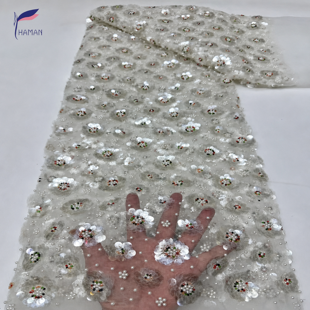 100% Acrylic Floral Double-bead Embroidery + 79mm Sequin Applique; Abrasion-resistant Beaded Fabric - Image 5
