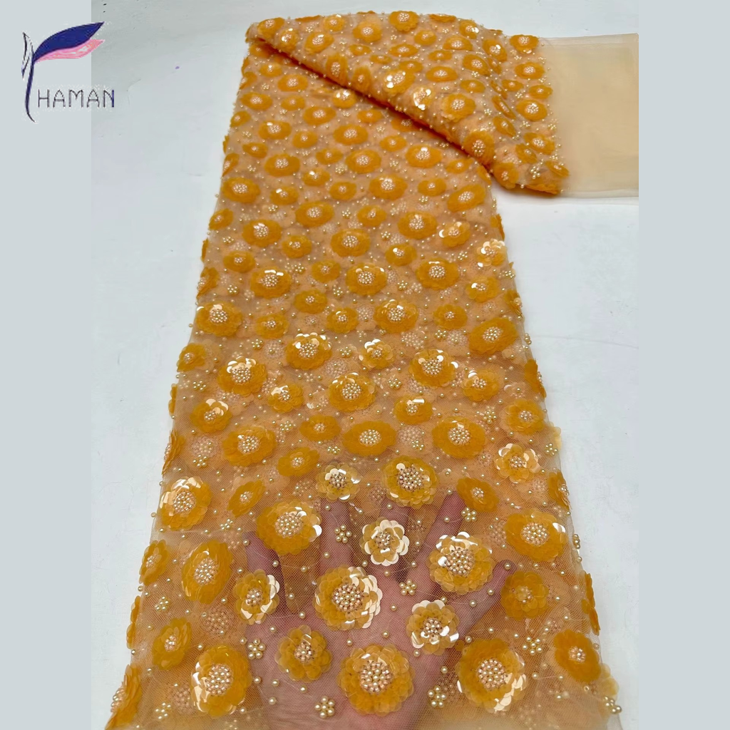 100% Acrylic Floral Double-bead Embroidery + 79mm Sequin Applique; Abrasion-resistant Beaded Fabric - Image 6