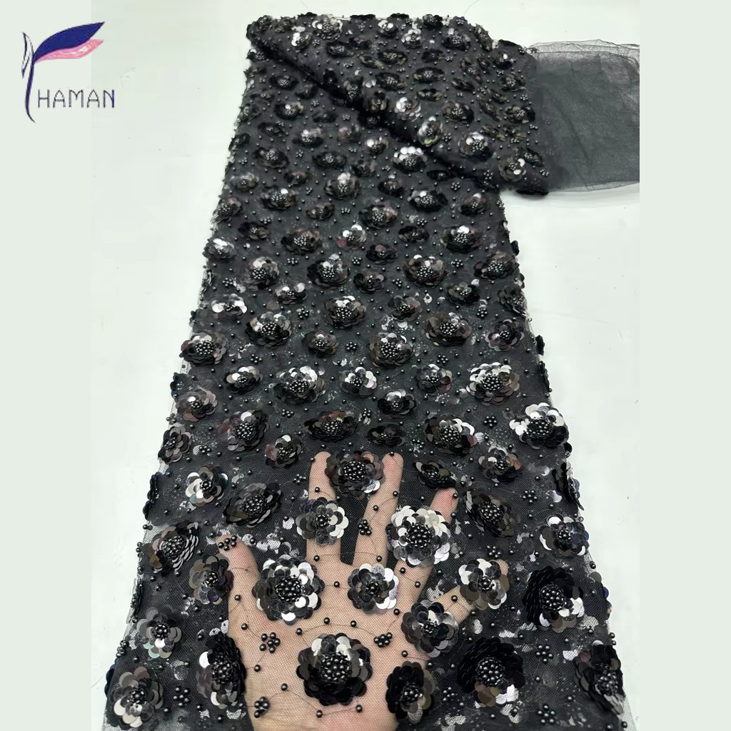100% Acrylic Floral Double-bead Embroidery + 79mm Sequin Applique; Abrasion-resistant Beaded Fabric - Image 10
