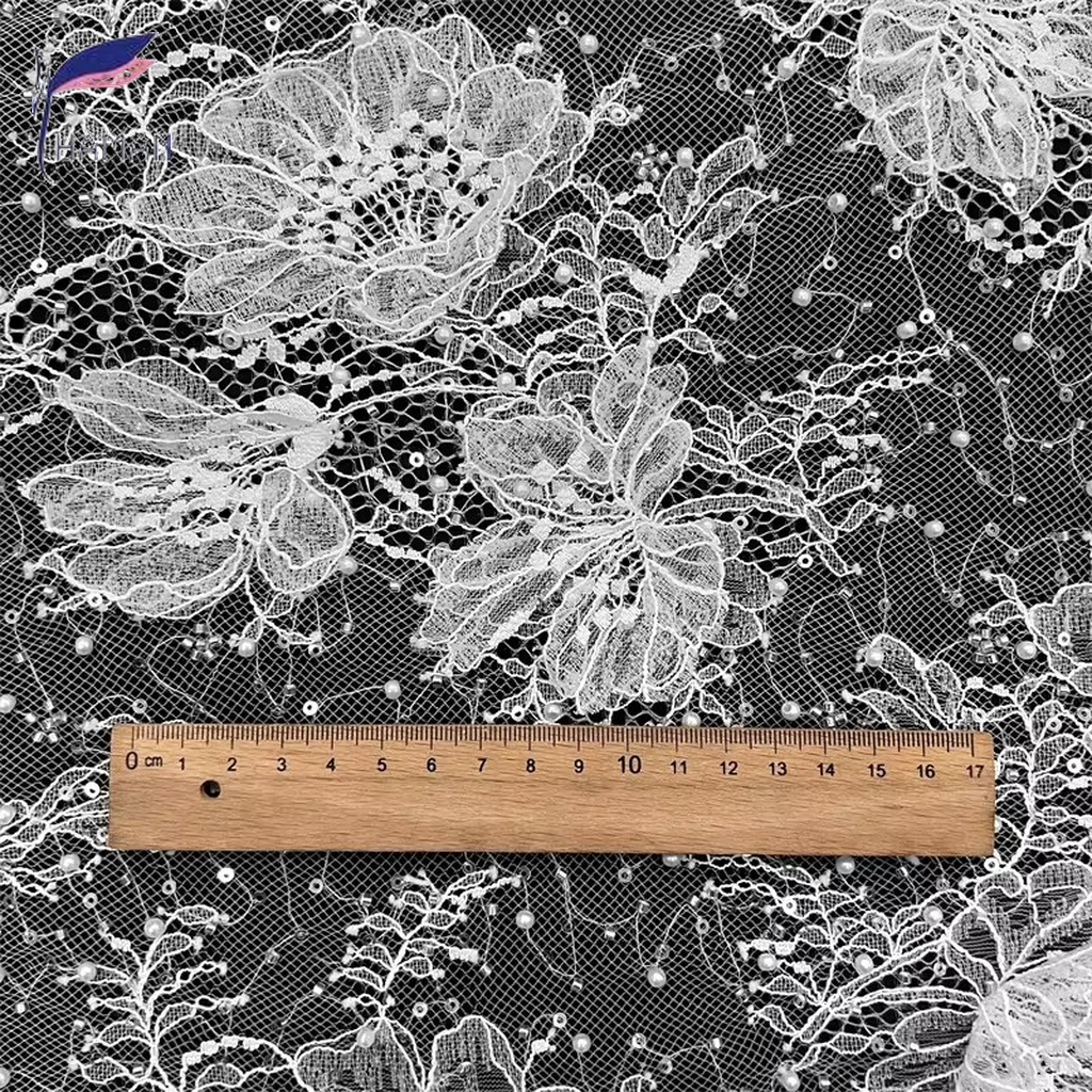 High-end White Polyester Lace Fabric Three-dimensional Beads Sequins Sparkling Rhinestones Embroidered Floral Foliage Motif for - Image 2