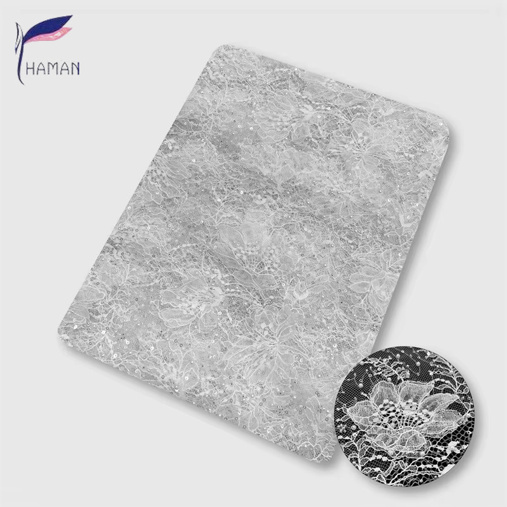 High-end White Polyester Lace Fabric Three-dimensional Beads Sequins Sparkling Rhinestones Embroidered Floral Foliage Motif for - Image 5